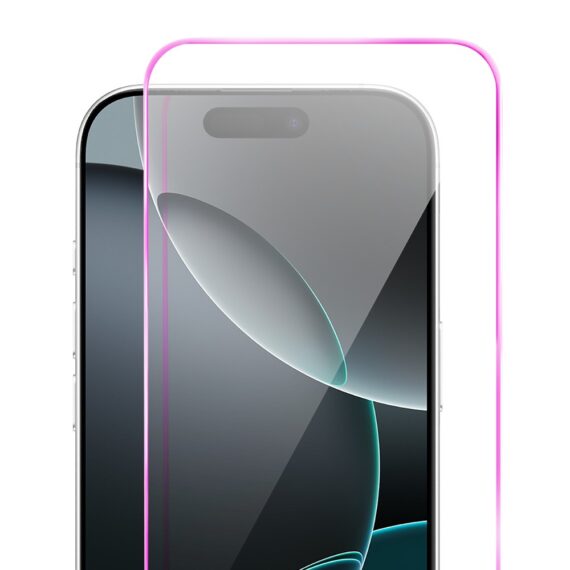 Szkło hartowane 9H do iPhone 16 Pro, twarde wzmocnione z metalizowaną różową ramką (2)