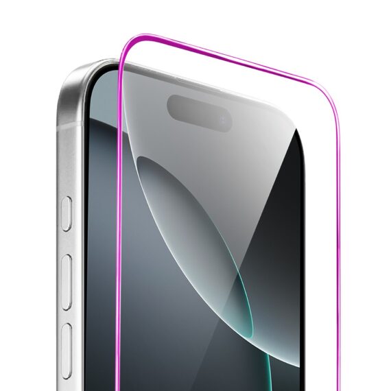 Szkło hartowane 9H do iPhone 16 Pro, twarde wzmocnione z metalizowaną różową ramką (3)