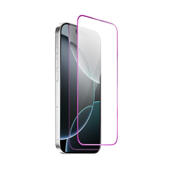 Szkło hartowane 9H do iPhone 16 Pro, twarde wzmocnione z metalizowaną różową ramką (4)