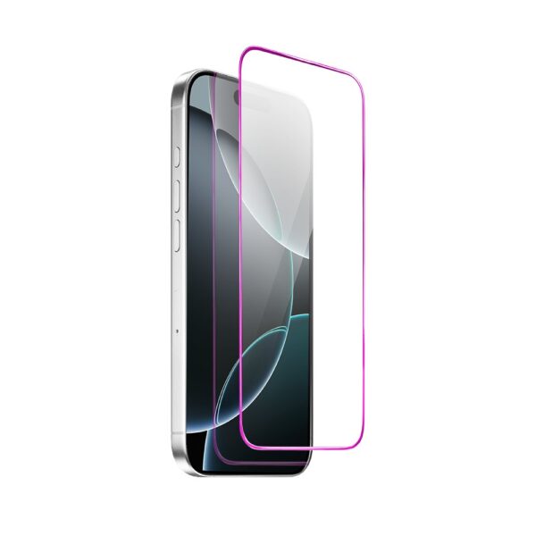 Szkło hartowane 9H do iPhone 16 Pro, twarde wzmocnione z metalizowaną różową ramką (4)