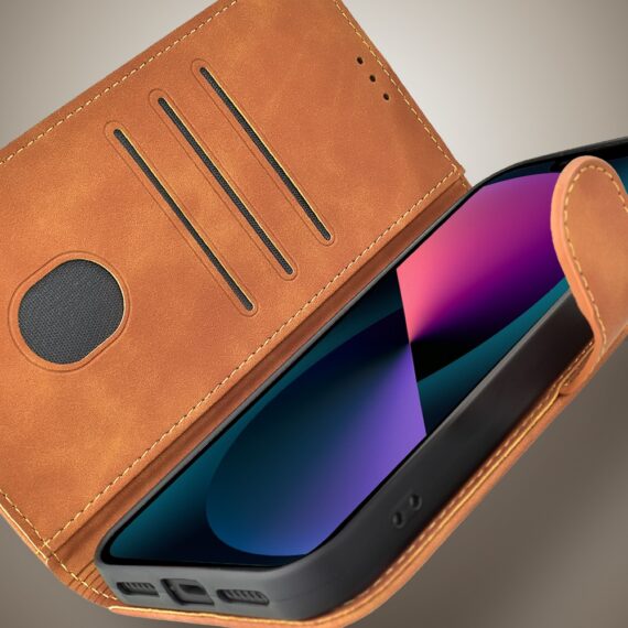 Etui do iPhone 13 książkowe Velvet Touch, aksamitne, portfelowe z zamknięciem, brązowe (6)