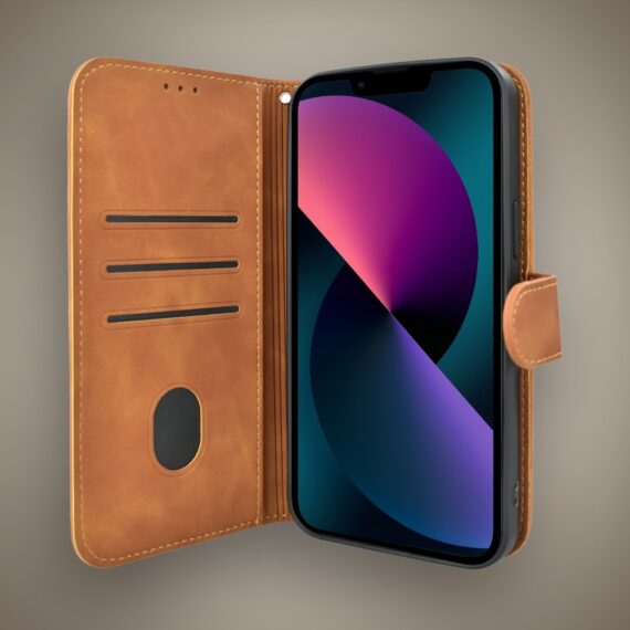 Etui do iPhone 13 książkowe Velvet Touch, aksamitne, portfelowe z zamknięciem, brązowe (9)