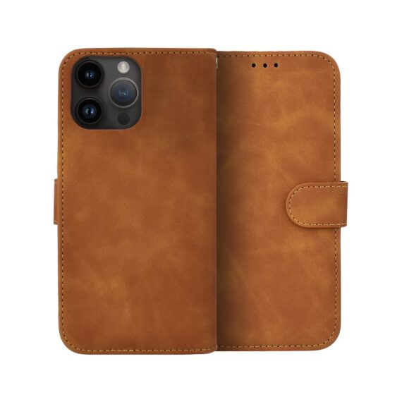 Etui do iPhone 14 Pro książkowe Velvet Touch, aksamitne, portfelowe z zamknięciem, brązowe (2)