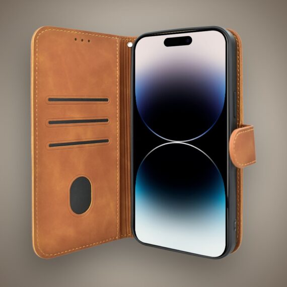Etui do iPhone 14 Pro książkowe Velvet Touch, aksamitne, portfelowe z zamknięciem, brązowe (3)