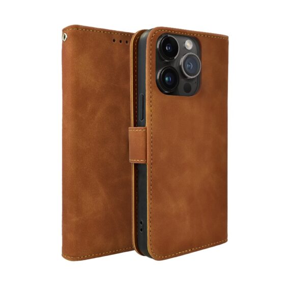 Etui do iPhone 14 Pro książkowe Velvet Touch, aksamitne, portfelowe z zamknięciem, brązowe (4)