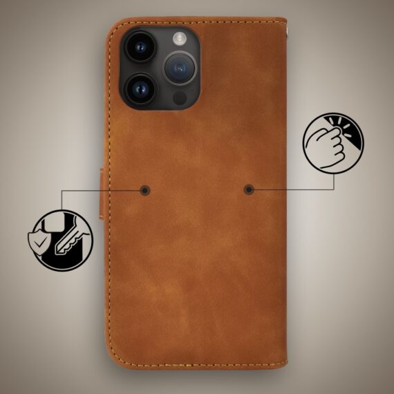 Etui do iPhone 14 Pro książkowe Velvet Touch, aksamitne, portfelowe z zamknięciem, brązowe (5) Etui do iPhone 14 Pro książkowe Velvet Touch, aksamitne, portfelowe z zamknięciem, brązowe (5)