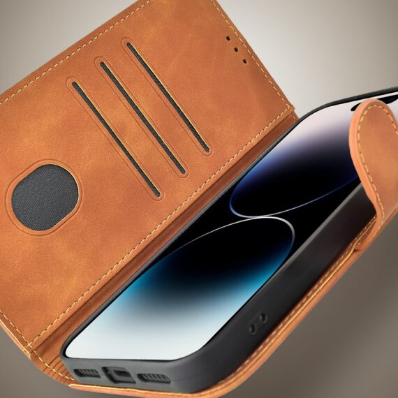 Etui do iPhone 14 Pro książkowe Velvet Touch, aksamitne, portfelowe z zamknięciem, brązowe (6)