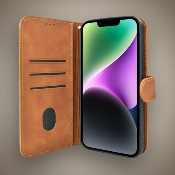 Etui do iPhone 14 książkowe Velvet Touch, aksamitne, portfelowe z zamknięciem, brązowe (2)