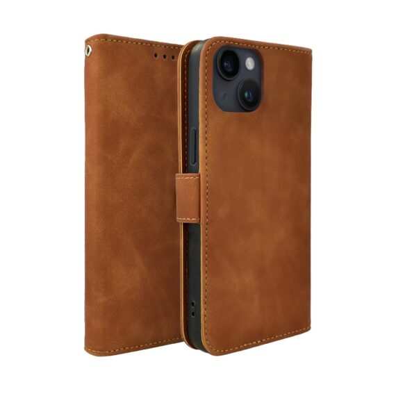 Etui do iPhone 14 książkowe Velvet Touch, aksamitne, portfelowe z zamknięciem, brązowe (3)