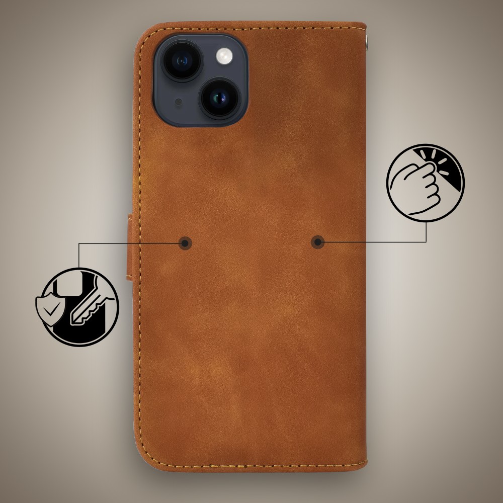 Etui do iPhone 14 książkowe Velvet Touch, aksamitne, portfelowe z zamknięciem, brązowe (4)