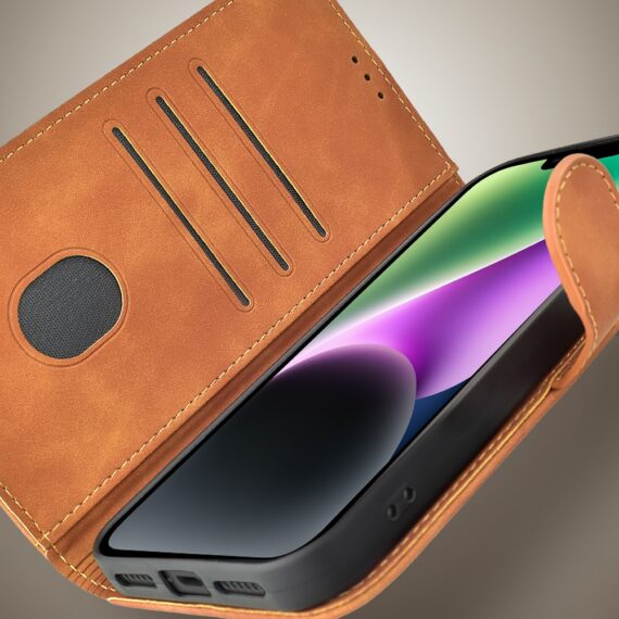 Etui do iPhone 14 książkowe Velvet Touch, aksamitne, portfelowe z zamknięciem, brązowe (5)