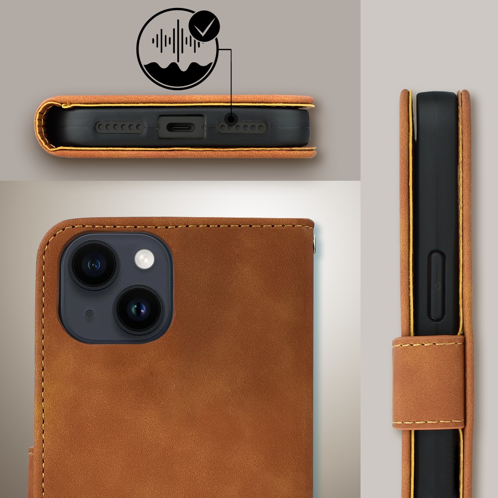 Etui do iPhone 14 książkowe Velvet Touch, aksamitne, portfelowe z zamknięciem, brązowe (8)