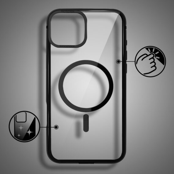 Etui do iPhone 15 Ibizu Elite Skin z MagSafe, krystalicznie czyste z metalową ramką, czarne (7)