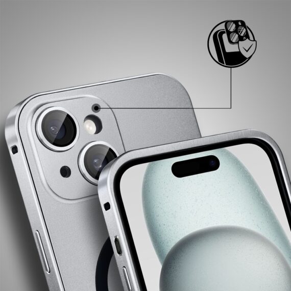Etui do iPhone 15 Plus Metal Solid Magsafe, pełny tył z metalową ramką i osłoną aparatu, srebrne (3)