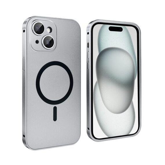 Etui do iPhone 15 Plus Metal Solid Magsafe, pełny tył z metalową ramką i osłoną aparatu, srebrne (6)