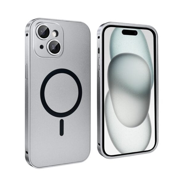 Etui do iPhone 15 Plus Metal Solid Magsafe, pełny tył z metalową ramką i osłoną aparatu, srebrne