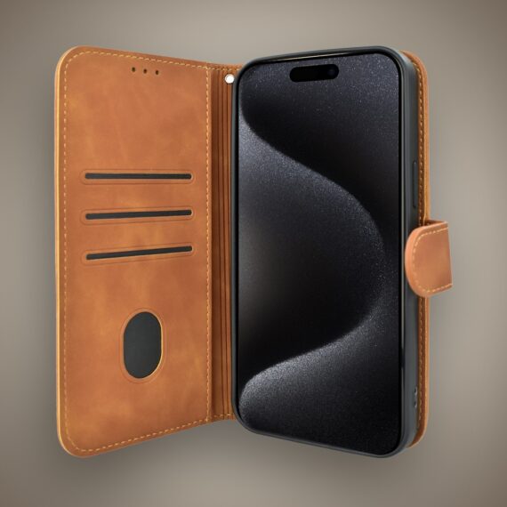 Etui do iPhone 15 Pro książkowe Velvet Touch, aksamitne, portfelowe z zamknięciem, brązowe (3)