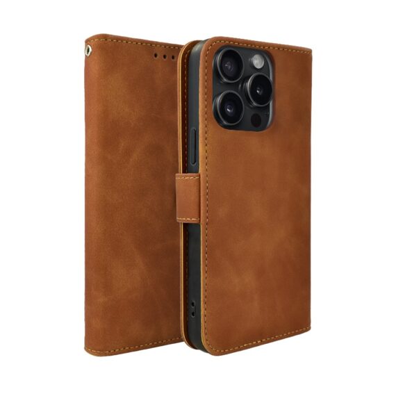 Etui do iPhone 15 Pro książkowe Velvet Touch, aksamitne, portfelowe z zamknięciem, brązowe (4)