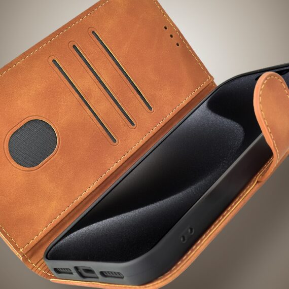 Etui do iPhone 15 Pro książkowe Velvet Touch, aksamitne, portfelowe z zamknięciem, brązowe (6)