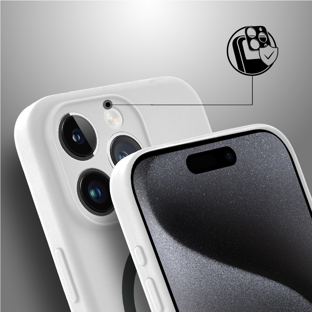 Etui do iPhone 15 Pro, silikonowe z MagSafe, mikrofibra soft touch z osłoną na aparat, białe pop (6)