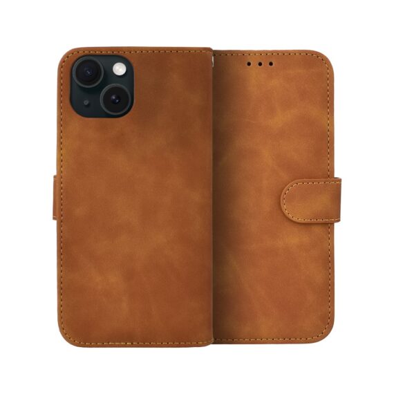 Etui do iPhone 15 książkowe Velvet Touch, aksamitne, portfelowe z zamknięciem, brązowe (2)