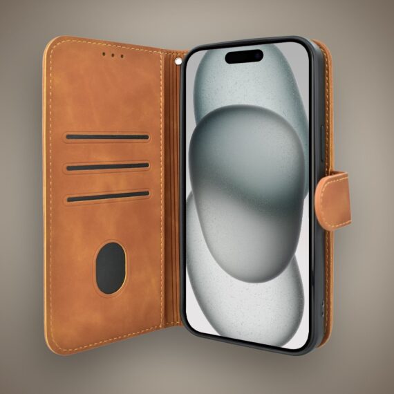Etui do iPhone 15 książkowe Velvet Touch, aksamitne, portfelowe z zamknięciem, brązowe (3)