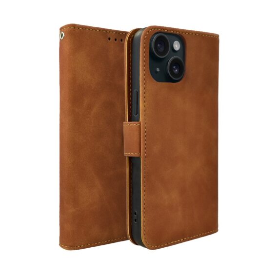 Etui do iPhone 15 książkowe Velvet Touch, aksamitne, portfelowe z zamknięciem, brązowe (4)