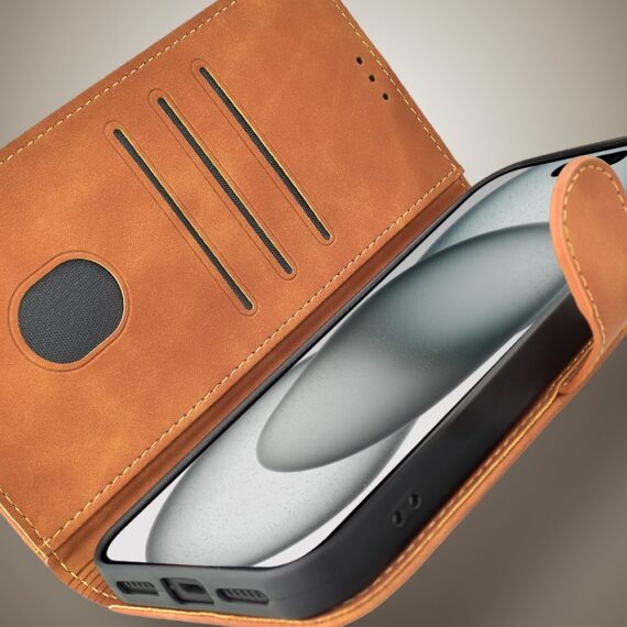 Etui do iPhone 15 książkowe Velvet Touch, aksamitne, portfelowe z zamknięciem, brązowe (6)