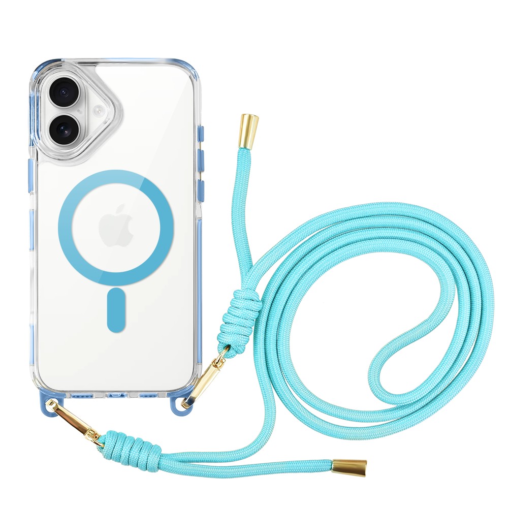 Etui do iPhone 16 Plus, MagSafe, ze smyczą, na ramię, crossbody, niebieskie