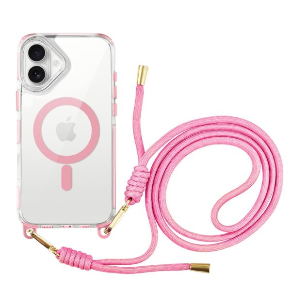 Etui do iPhone 16, MagSafe, ze smyczą, na ramię, crossbody, różowe