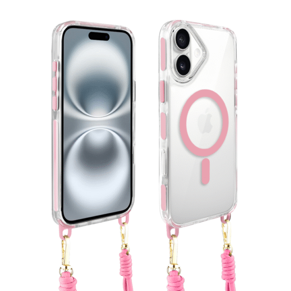 Etui do iPhone 16 Plus, MagSafe, ze smyczą, na ramię, crossbody, różowe (8)