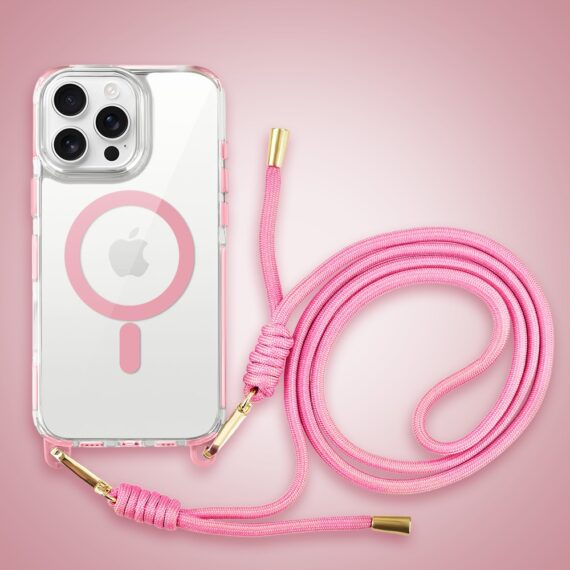 Etui do iPhone 16 Pro Max, MagSafe, ze smyczą, na ramię, crossbody, różowe (1)