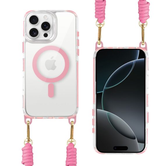 Etui do iPhone 16 Pro Max, MagSafe, ze smyczą, na ramię, crossbody, różowe (10)