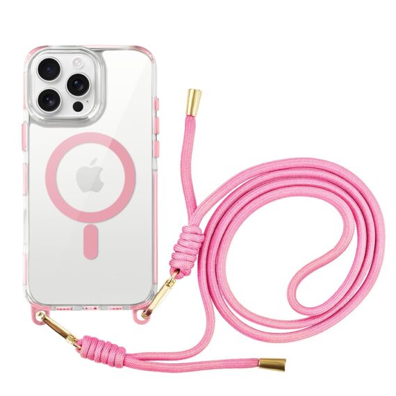Etui do iPhone 16 Pro Max, MagSafe, ze smyczą, na ramię, crossbody, różowe (2)