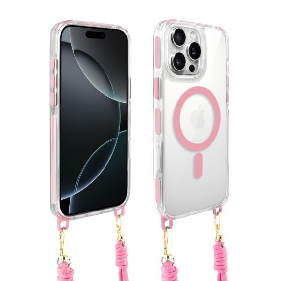 Etui do iPhone 16 Pro Max, MagSafe, ze smyczą, na ramię, crossbody, różowe (3)