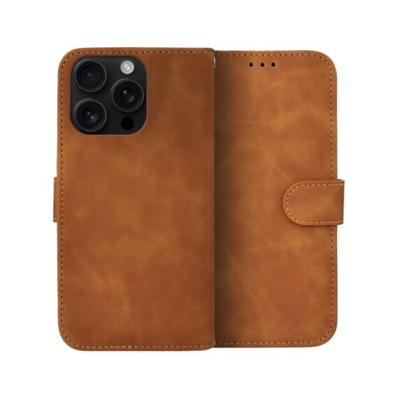 Etui do iPhone 16 Pro książkowe Velvet Touch, aksamitne, portfelowe z zamknięciem, brązowe (1)