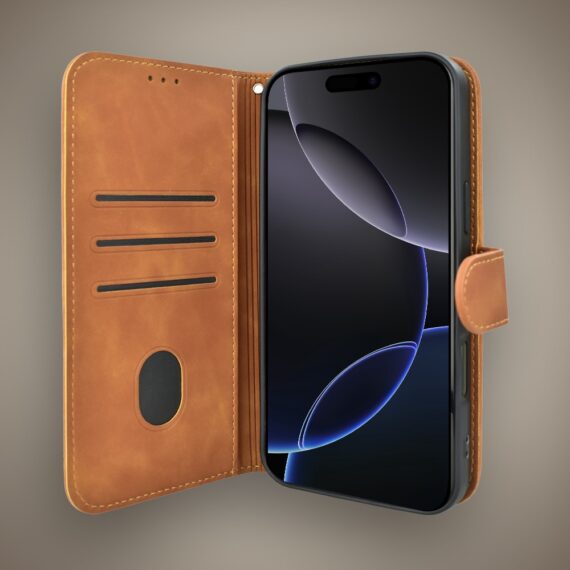 Etui do iPhone 16 Pro książkowe Velvet Touch, aksamitne, portfelowe z zamknięciem, brązowe (2)
