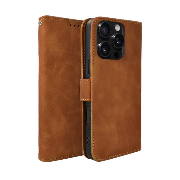 Etui do iPhone 16 Pro książkowe Velvet Touch, aksamitne, typu książka, z klapką, zamykane, brązowe