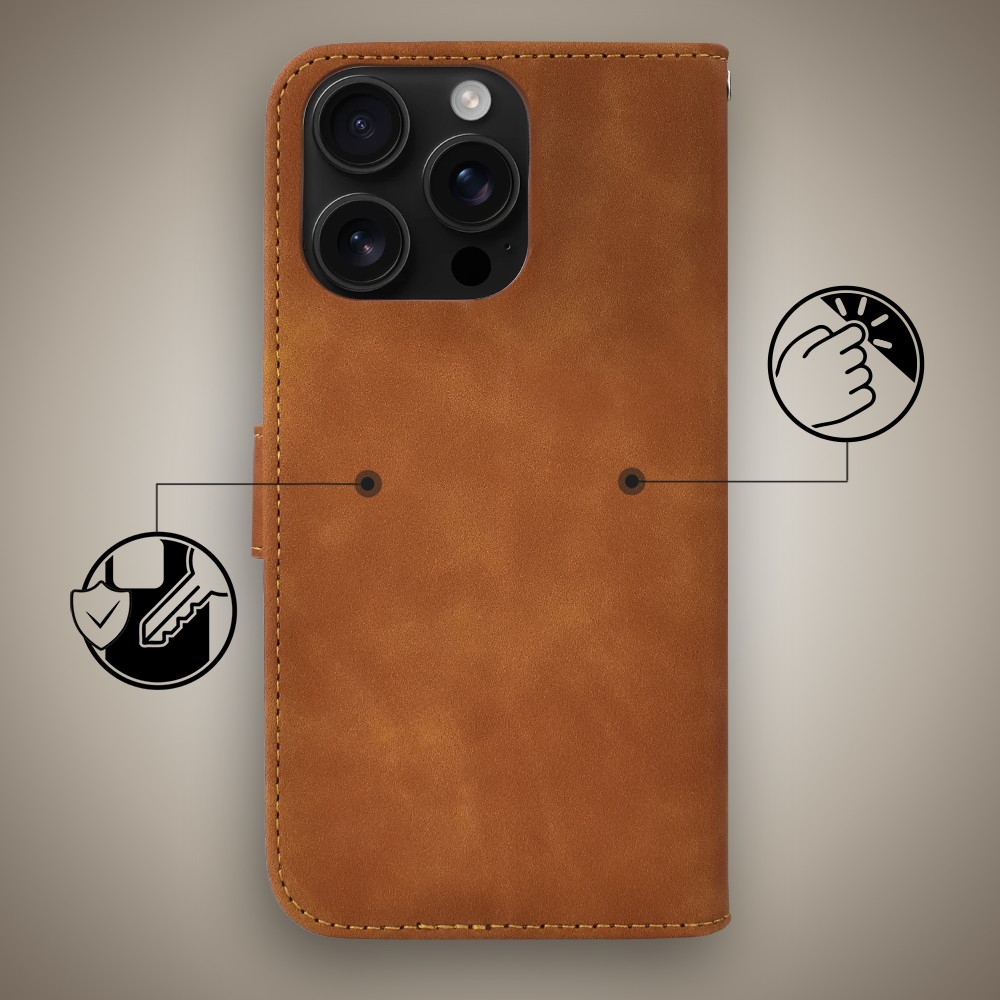 Etui do iPhone 16 Pro książkowe Velvet Touch, aksamitne, portfelowe z zamknięciem, brązowe (4)