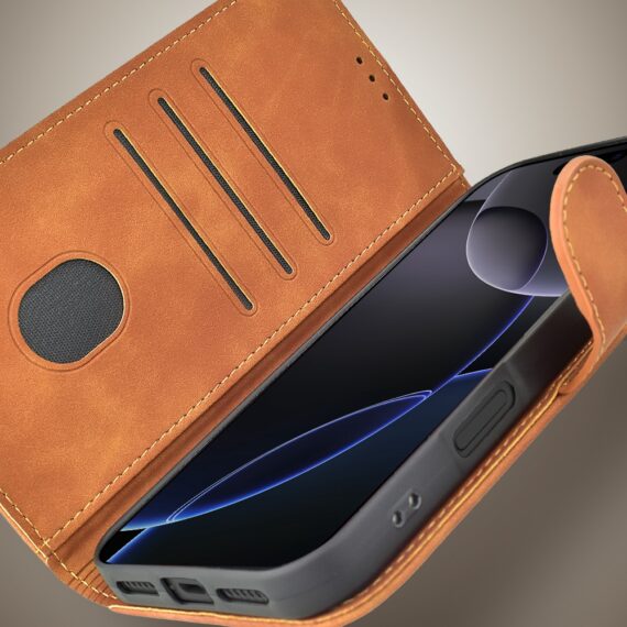 Etui do iPhone 16 Pro książkowe Velvet Touch, aksamitne, portfelowe z zamknięciem, brązowe (5)