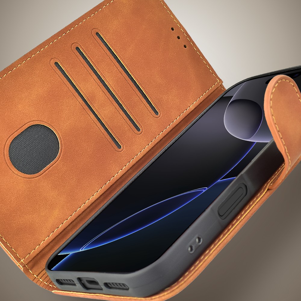 Etui do iPhone 16 Pro książkowe Velvet Touch, aksamitne, portfelowe z zamknięciem, brązowe (5)