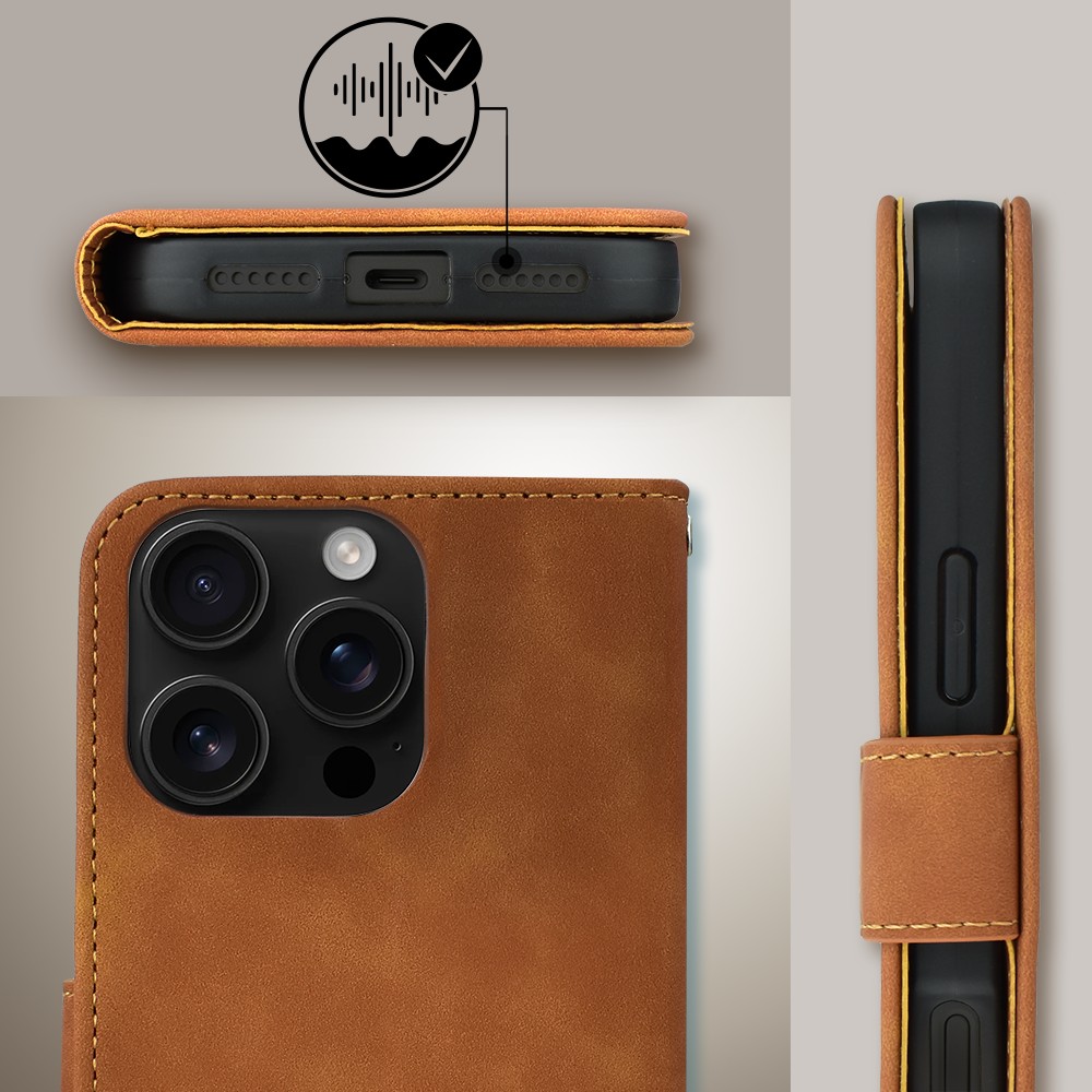 Etui do iPhone 16 Pro książkowe Velvet Touch, aksamitne, portfelowe z zamknięciem, brązowe (8)