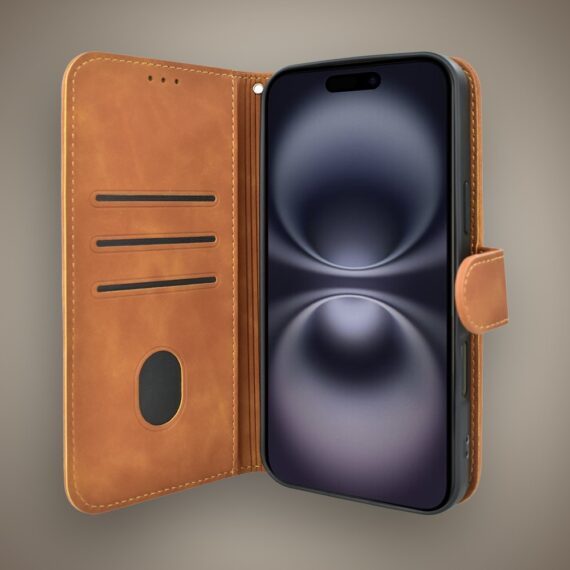 Etui do iPhone 16 książkowe Velvet Touch, aksamitne, portfelowe z zamknięciem, brązowe (3)
