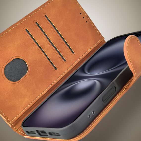 Etui do iPhone 16 książkowe Velvet Touch, aksamitne, portfelowe z zamknięciem, brązowe (6)