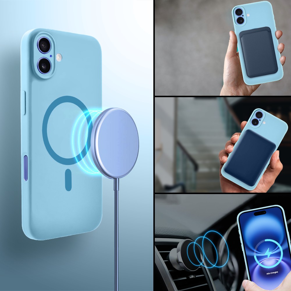 Etui do iPhone 16, silikonowe z MagSafe, mikrofibra soft touch z osłoną na aparat, jasny niebieski (1)