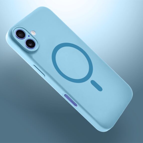 Etui do iPhone 16, silikonowe z MagSafe, mikrofibra soft touch z osłoną na aparat, jasny niebieski (2)