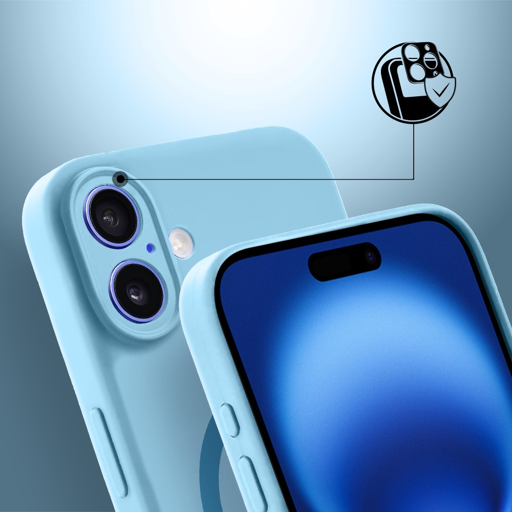 Etui do iPhone 16, silikonowe z MagSafe, mikrofibra soft touch z osłoną na aparat, jasny niebieski (3)
