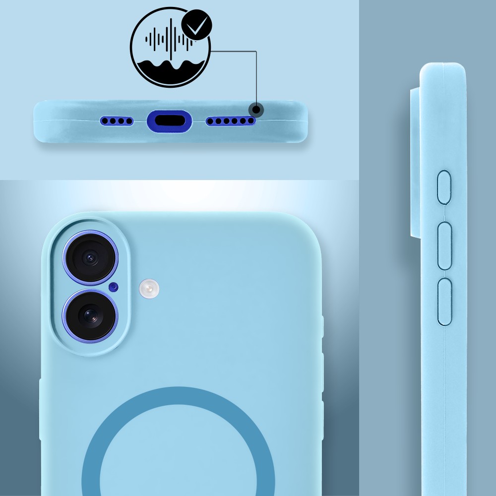 Etui do iPhone 16, silikonowe z MagSafe, mikrofibra soft touch z osłoną na aparat, jasny niebieski (4)