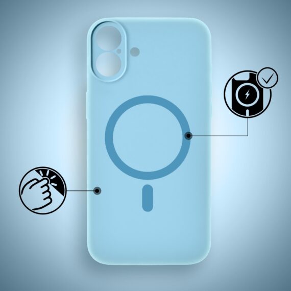 Etui do iPhone 16, silikonowe z MagSafe, mikrofibra soft touch z osłoną na aparat, jasny niebieski (8)
