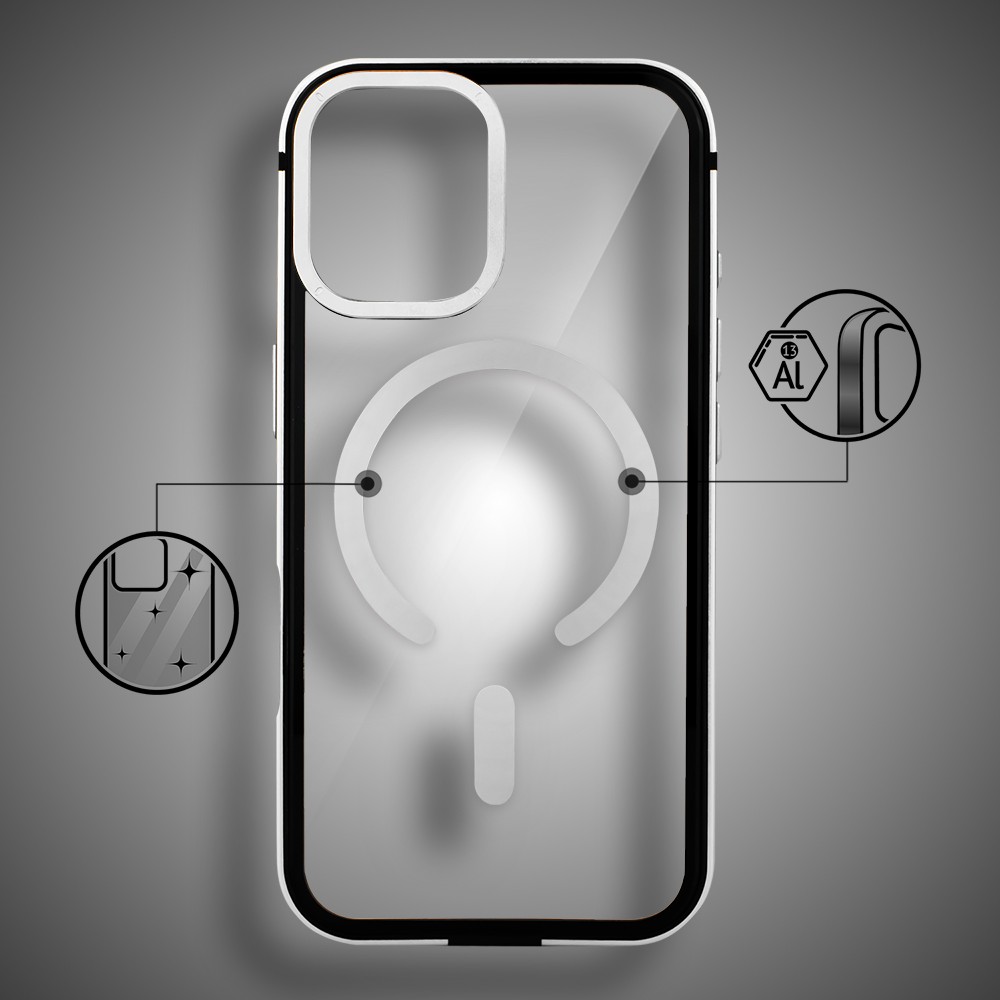 Etui do iPhone 17 IBIZU Elite Skin z MagSafe, krystalicznie czyste z metalową ramką, srebrne Obszar kompozycji 2